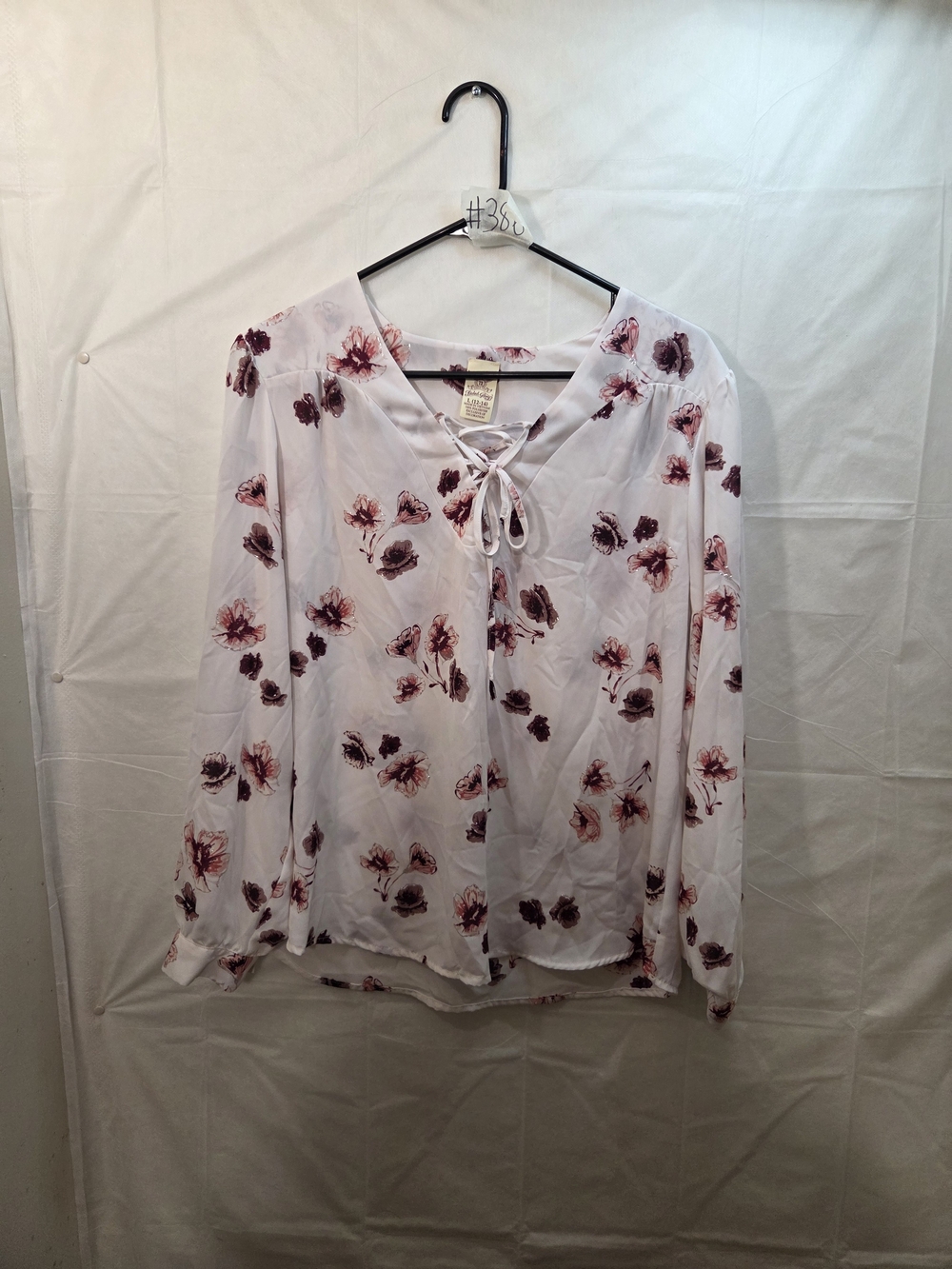 Faded Glory White Blouse with Mauve Floral Lace-Up V-Neck